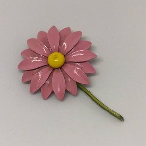 Vintage 1960 Enamel Pink Yellow Daisy Stem Brooch